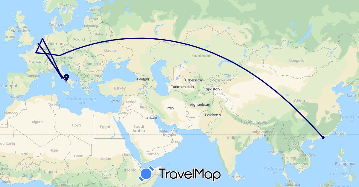 TravelMap itinerary: driving in Belgium, China, Germany, France, Italy, Netherlands (Asia, Europe)